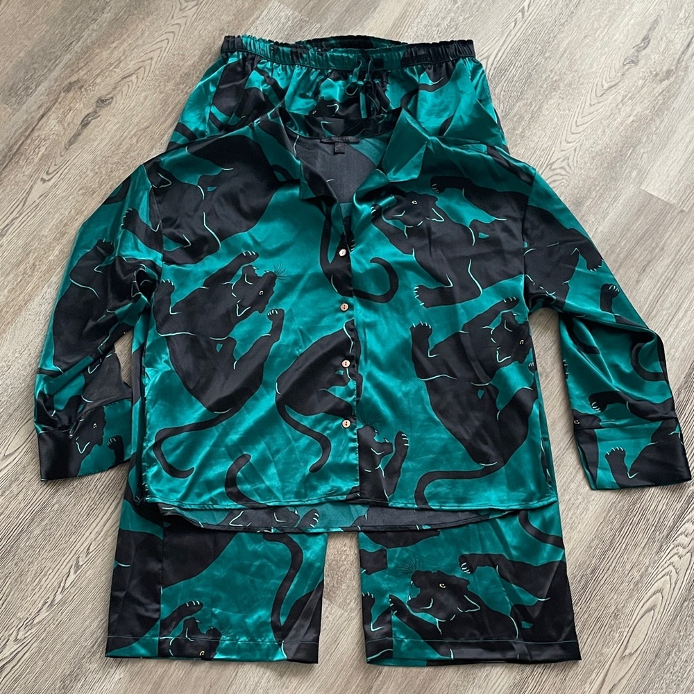 Teal and Black Panther Print Pajama Set